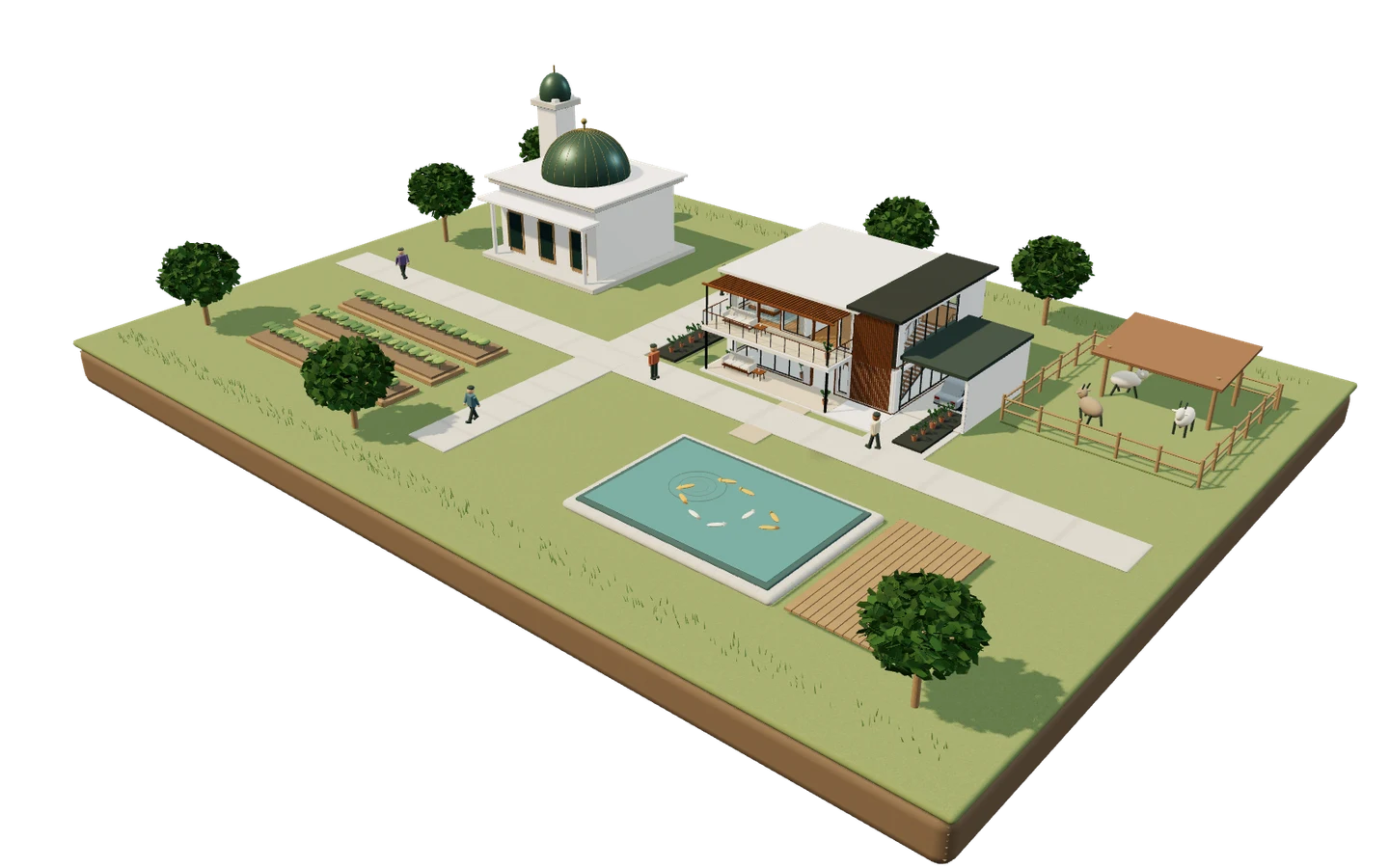 A mosque, house, field, fish pond and animal pen on one floating island.